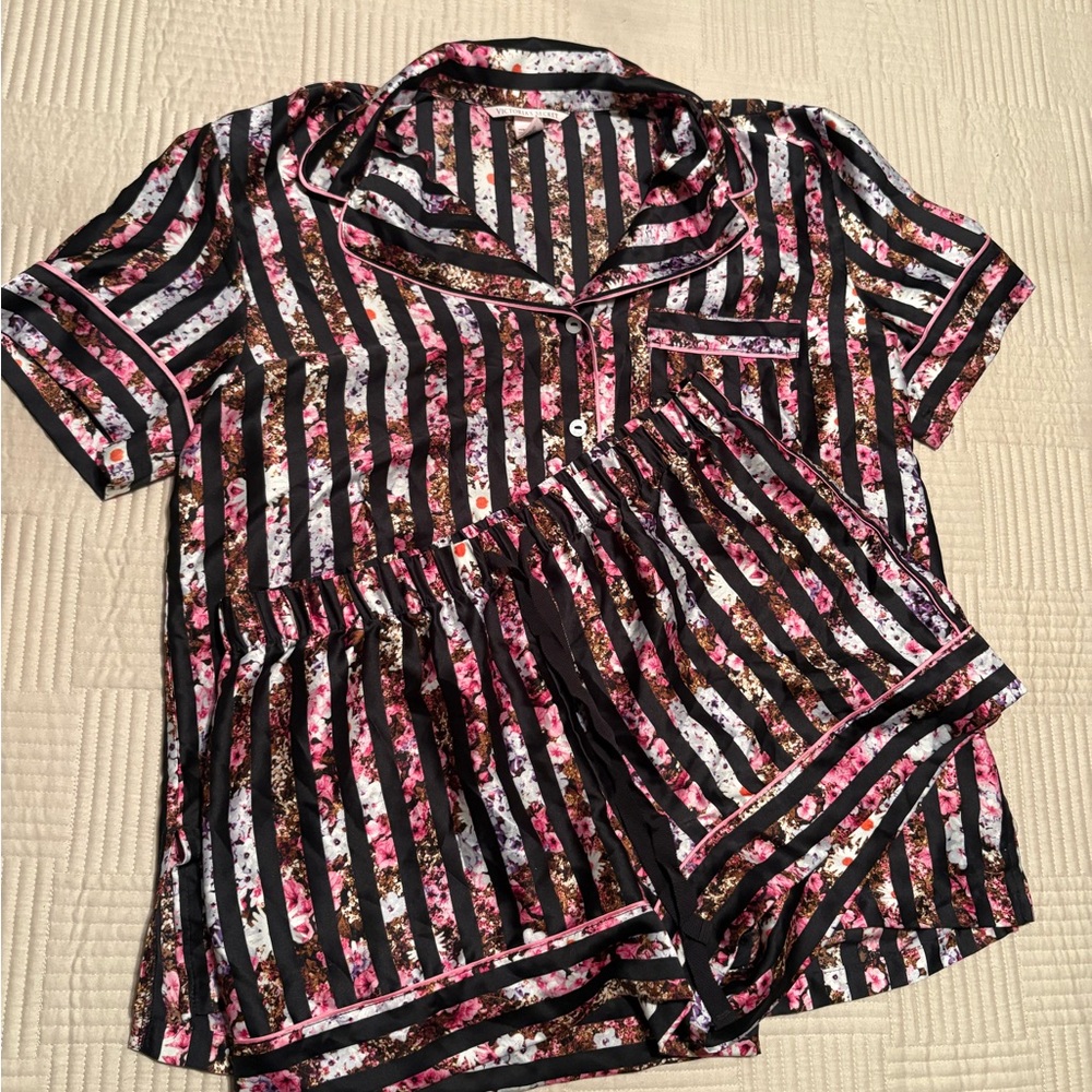 Victoria's Secret Black and Pink Floral Striped Set